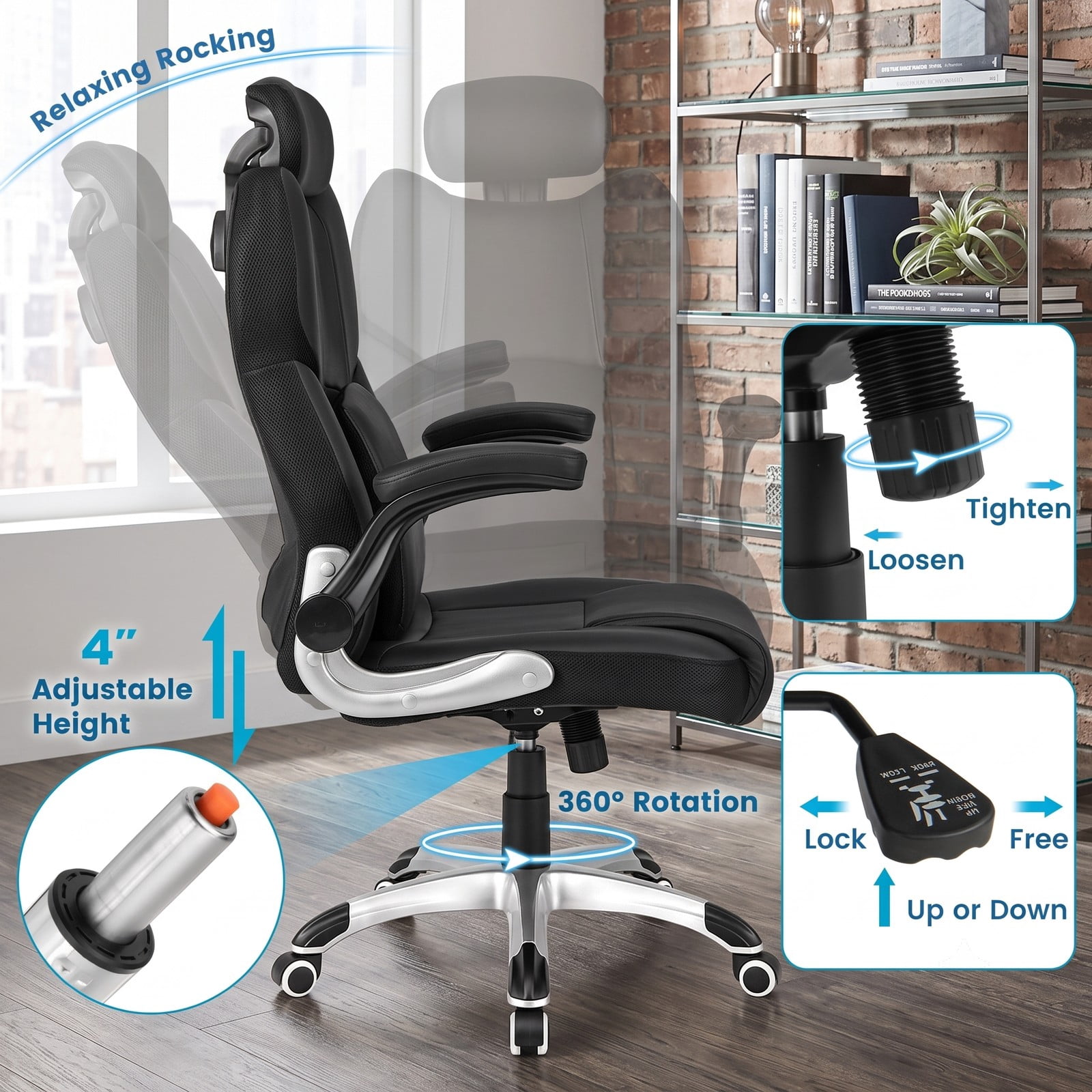Furnibear Kneading Massage Office Chair, Ergonomic High Back Executive Desk Chair with Adjustable Headrest, Lumbar Support, Rocking, 360 Swivel Leather Computer, Black