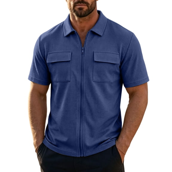 Kilaqueen Men's Short Sleeve Zip Jacket, Collared Lightweight Casual Shirt with Chest Pocket, Solid Sport Outerwear Top for Golf, Travel and Daily Wear