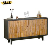 GZXS Contemporary 4-Door Accent Cabinet with Geometric Natural Wood Door Panels, Black Buffet Storage Console w/ Adjustable Shelf for Hallway/Dining/Living Room, 60"L x 15.75"W x 32.48"H