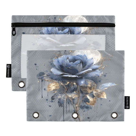 2 Pack 3 Ring Binder Pouch with Clear PVC Window Water Resistant Zipper Pencil Pouch Blue Rose with Gold Leaves Binder Pocket for Classroom Office Home Stationery Organization