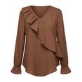 thumbnail image 3 of Women's Cotton Linen Shirts Ruffled Long Sleeve Business Work Shirt Elegant V-Neck Ruffle Collar Blouse, 3 of 6