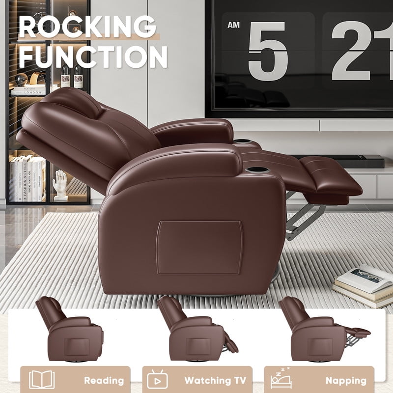 Vineego 360° Swivel Recliner Oversized Massage Rocking Chair Nursery Chair Power Living Room Furniture With Two Cup Holder,PU Brwon
