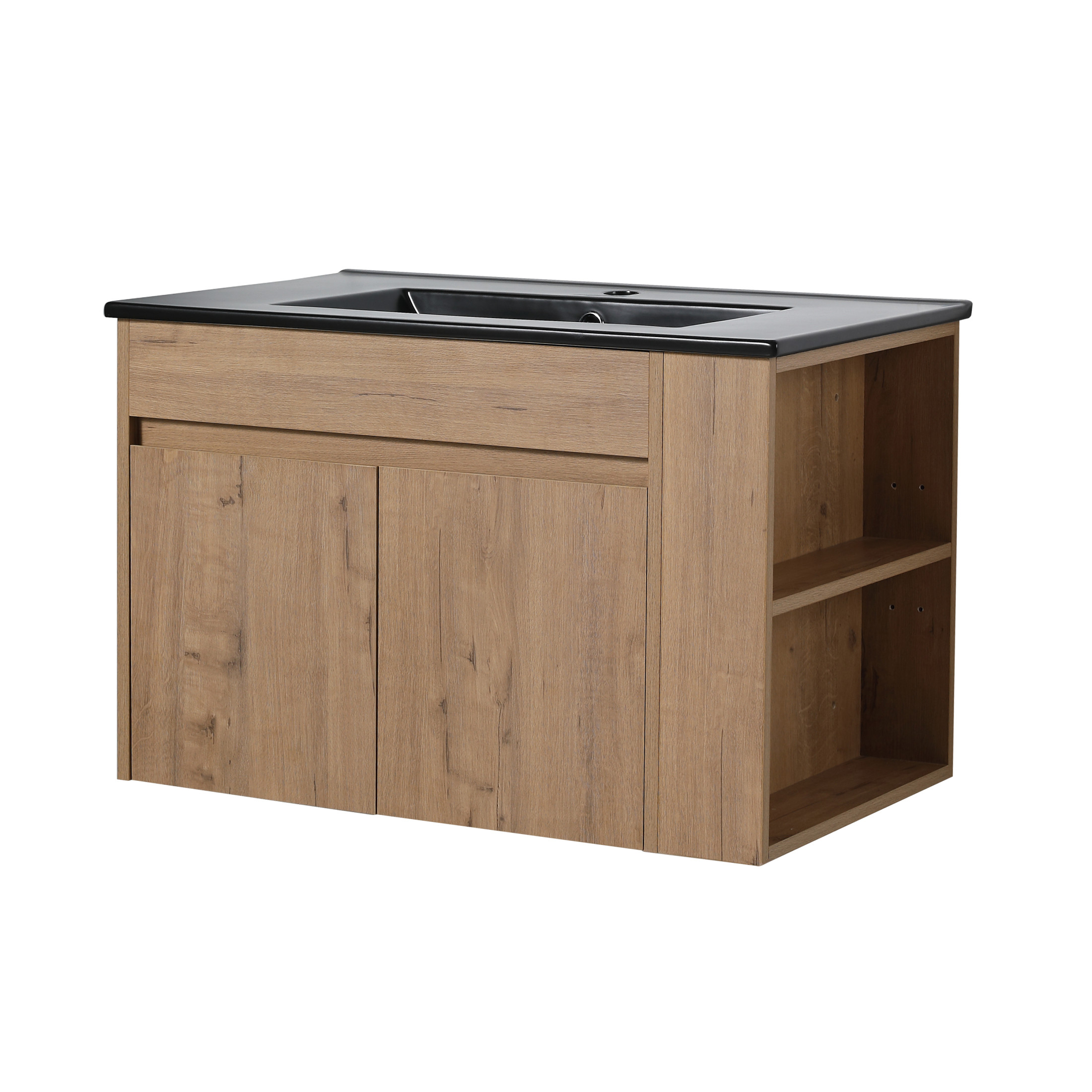 Noble House 30" Floating Bathroom Vanity with Black Ceramic Basin, Soft-Close, Adjustable Open Shelf, Imitative Oak