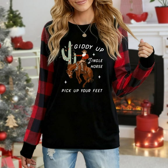 Women's "Giddy Up Jingle Horse" Cowboy Santa Plaid Long Sleeve Top, Festive Western Graphic Sweatshirt For Women