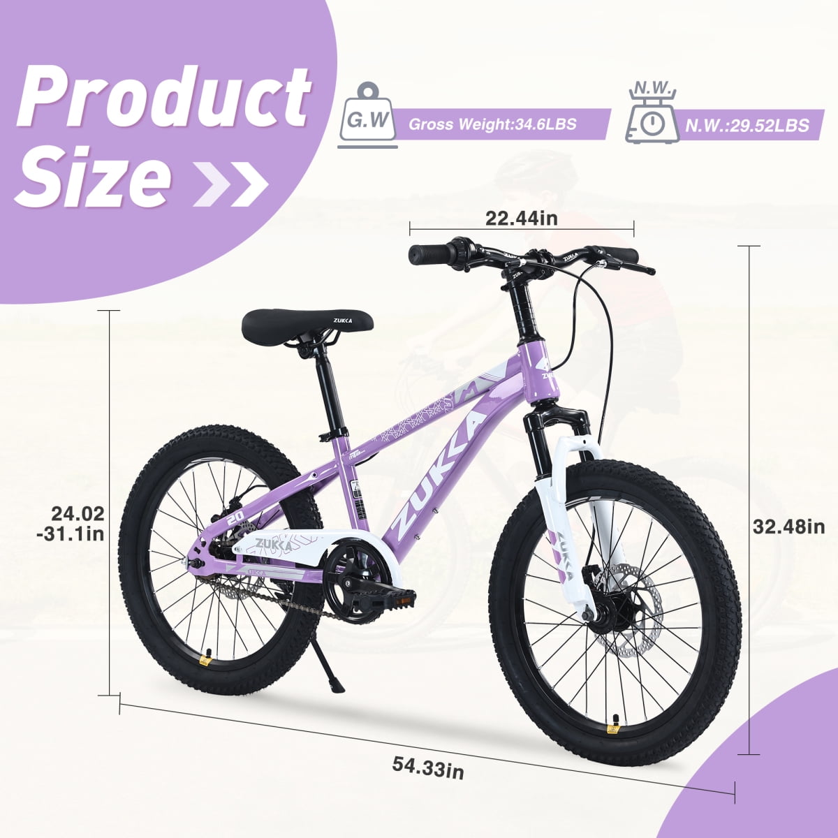 LuckyNote Mountain Bike 20 Inch MTB, Steel Frame, Single Speed, Front and Rear Disc Brakes, Purple