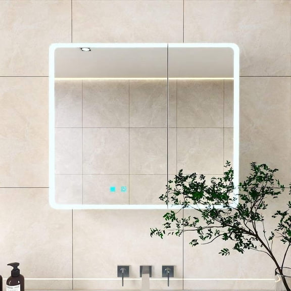 LED Bathroom Medicine Cabinet with Single-Color White Light,Anti-fogging, Mirror Medicine Cabinet with Storage,31.5 * 27.6 Two Door Aluminum-Plastic Design,wall Mount Installation,White