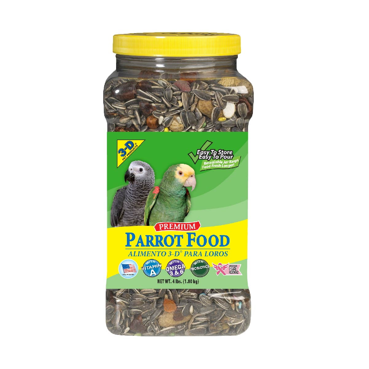 3-D Pet Products Premium Parrot Bird Food, Seeds, 4 lb. Jar