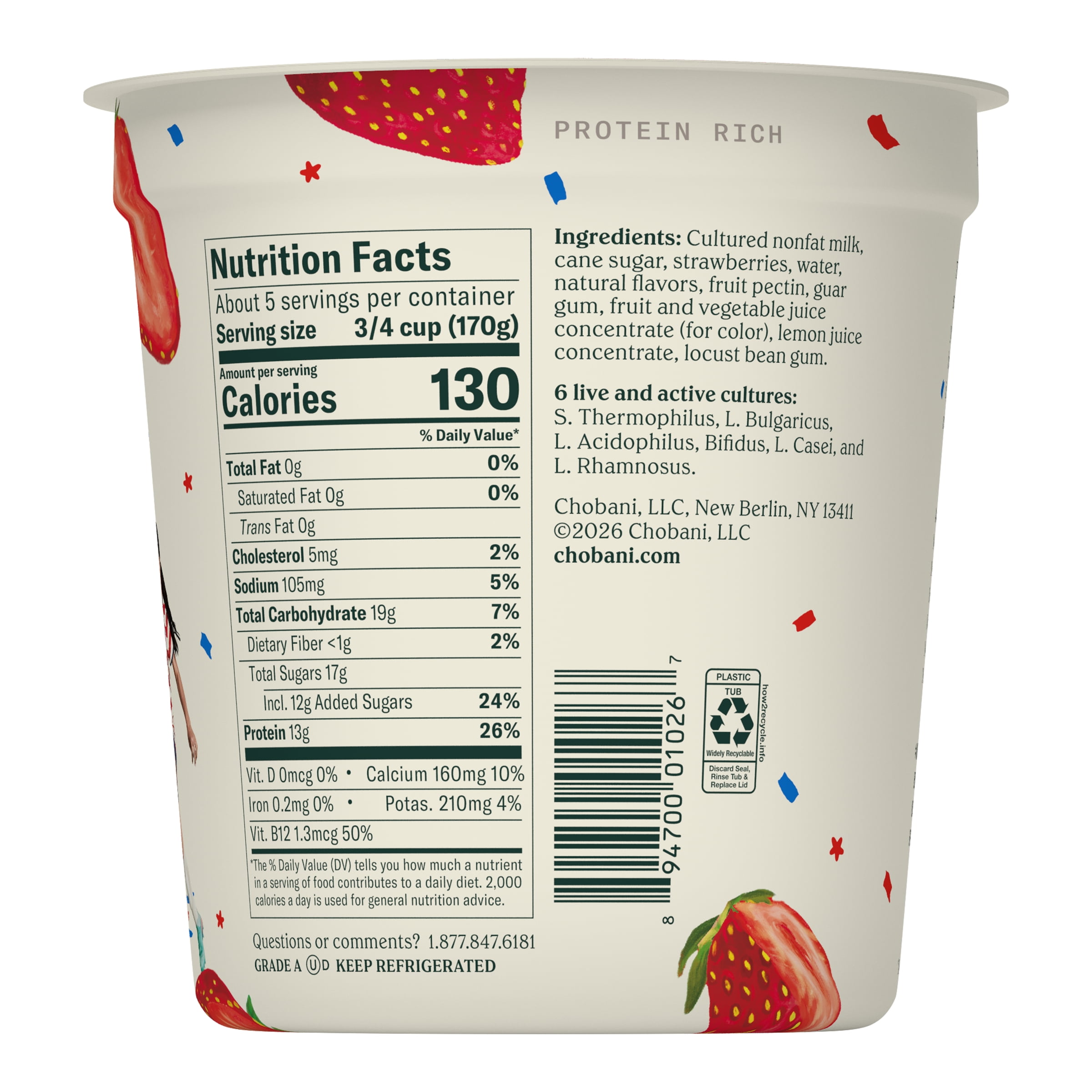 Chobani Non-Fat Greek Yogurt Strawberry Blended 32 oz Tub