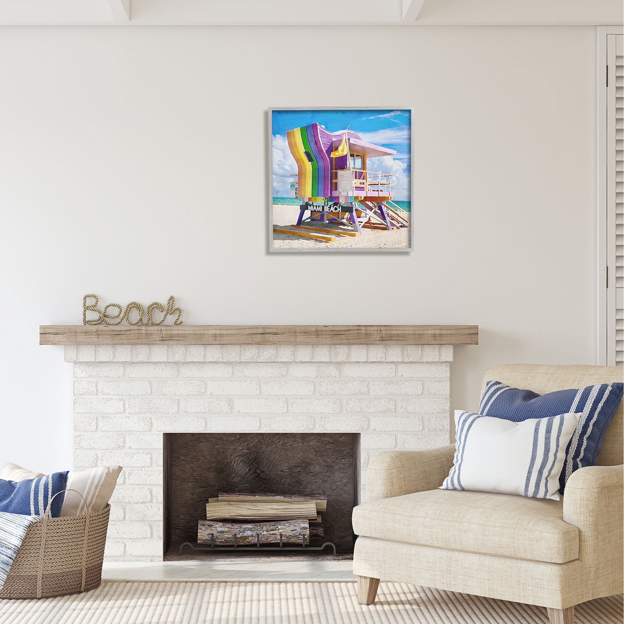 Stupell Industries Rainbow Lifeguard Hut Nature Painting Gray Framed Art Print Wall Art, 24 x 24
