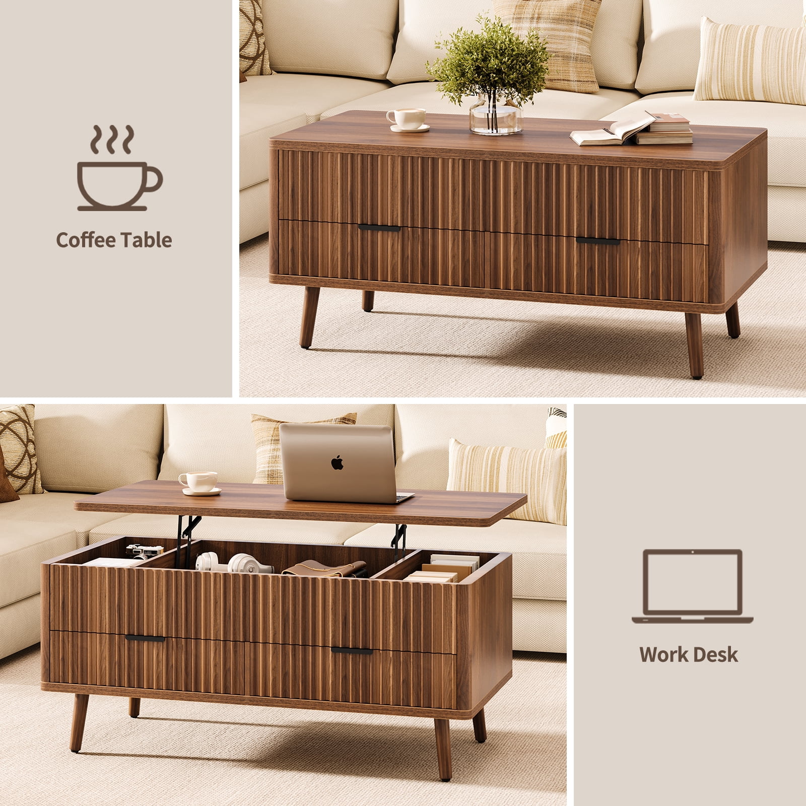 CURLA Lift Top Coffee Table with Storage, Mid Century Modern Coffee Table with Drawers, Center Table for Living Room, Walnut