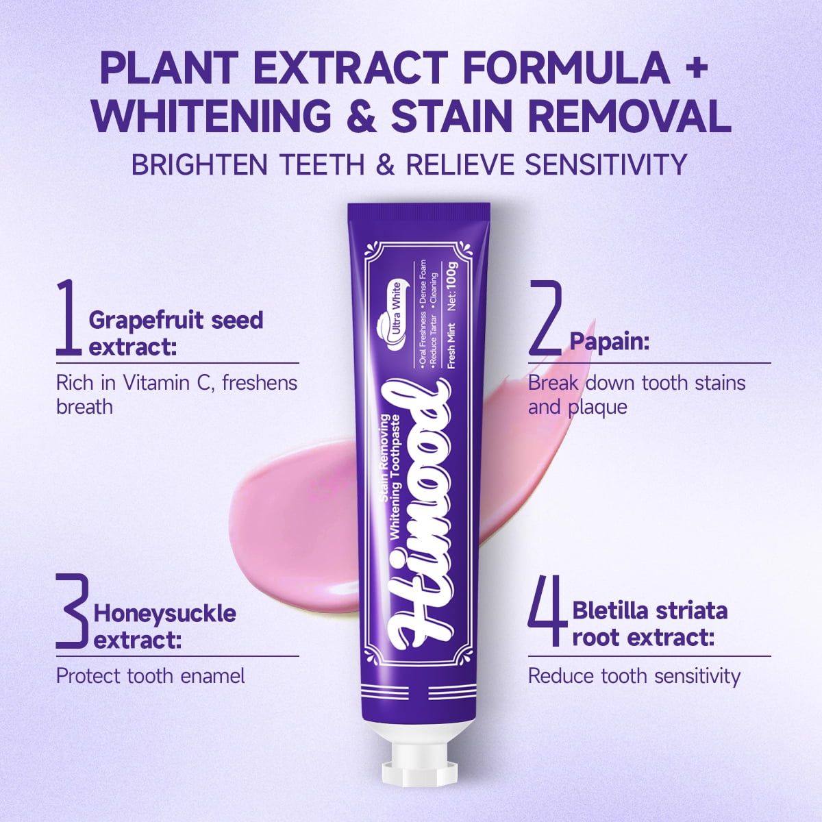 Himood 6PCS Whitening Toothpaste Plant Extract Gentle,Anti-inflammatory and Soothing Without Fluoride, Refreshing Mint Flavor, Suitable for Adults 3.53OZ