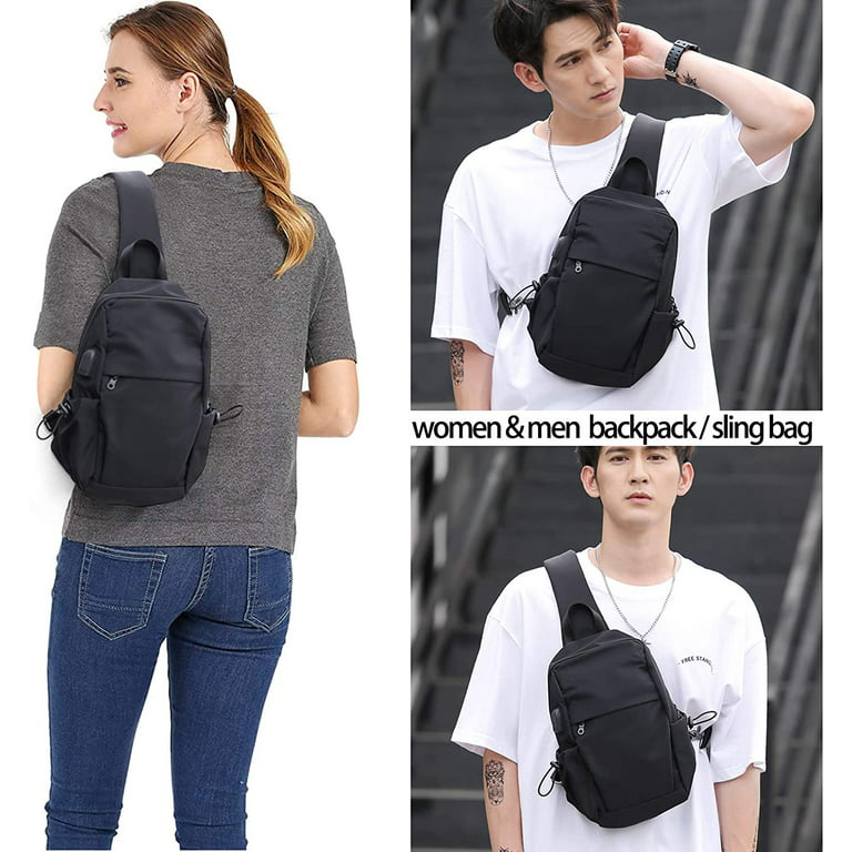 Prekrasen Small Black Sling Crossbody Backpack Shoulder Bag for Men Women, Lightweight One Strap Backpack Sling Bag Backpack for Hiking Walking Biking