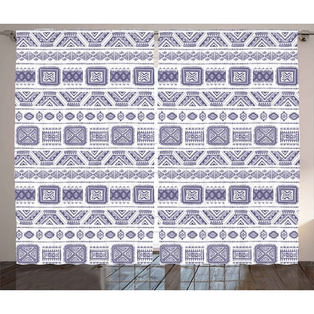 Tribal Curtains 2 Panels Set, Mexican Aztec Pattern with Geometric Forms Vintage Ethnic Boho Art Design, Window Drapes for Living Room Bedroom, 108W X 84L Inches, Cadet Blue White, by
