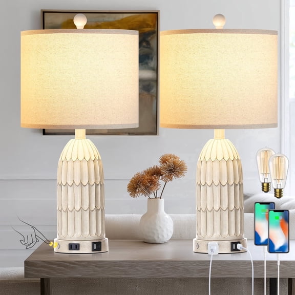 Lolikit Farmhouse 3 Way Dimmable Touch Control Table Lamps with USB A C Ports AC Outlets 22" Rustic Nightstand Bedside Lamp Set of 2 for Bedroom Living Room