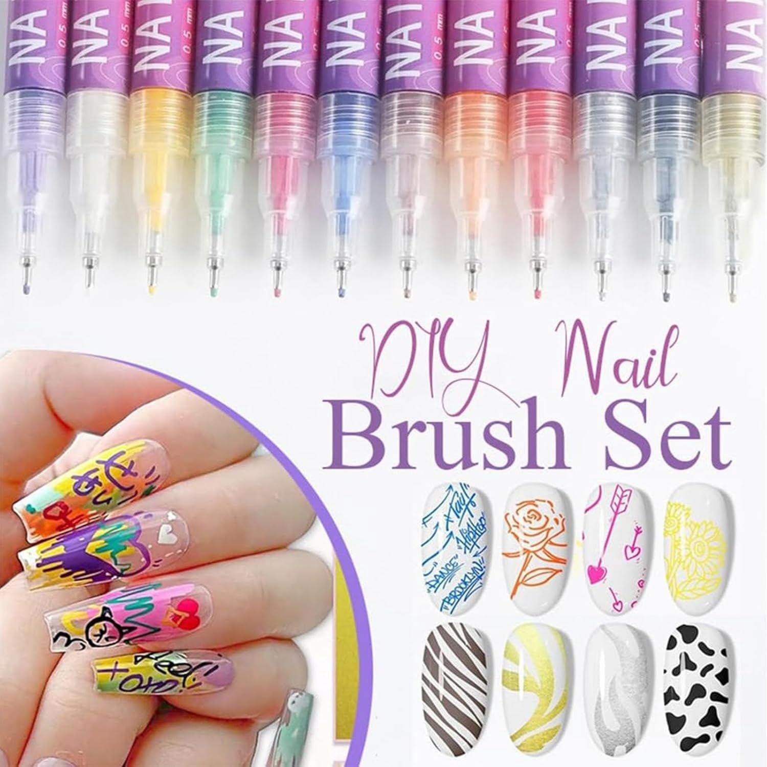 12 Colors Nail Art Pens Set,0.5mm/0.01in Fine Metal Tip,Quick-Dry Water-Based Pigment for Strong Coverage,Non-Toxic & Safe for DIY Gel Nail Design Drawing & Painting