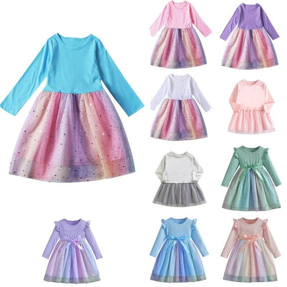 Antinious Elegant Princess Dress Banquet Dress Mesh Long Sleeve Crew Neck Loose Star Dress,Toddler Girls Outer Dress,Kids Party Dress,Pink,120