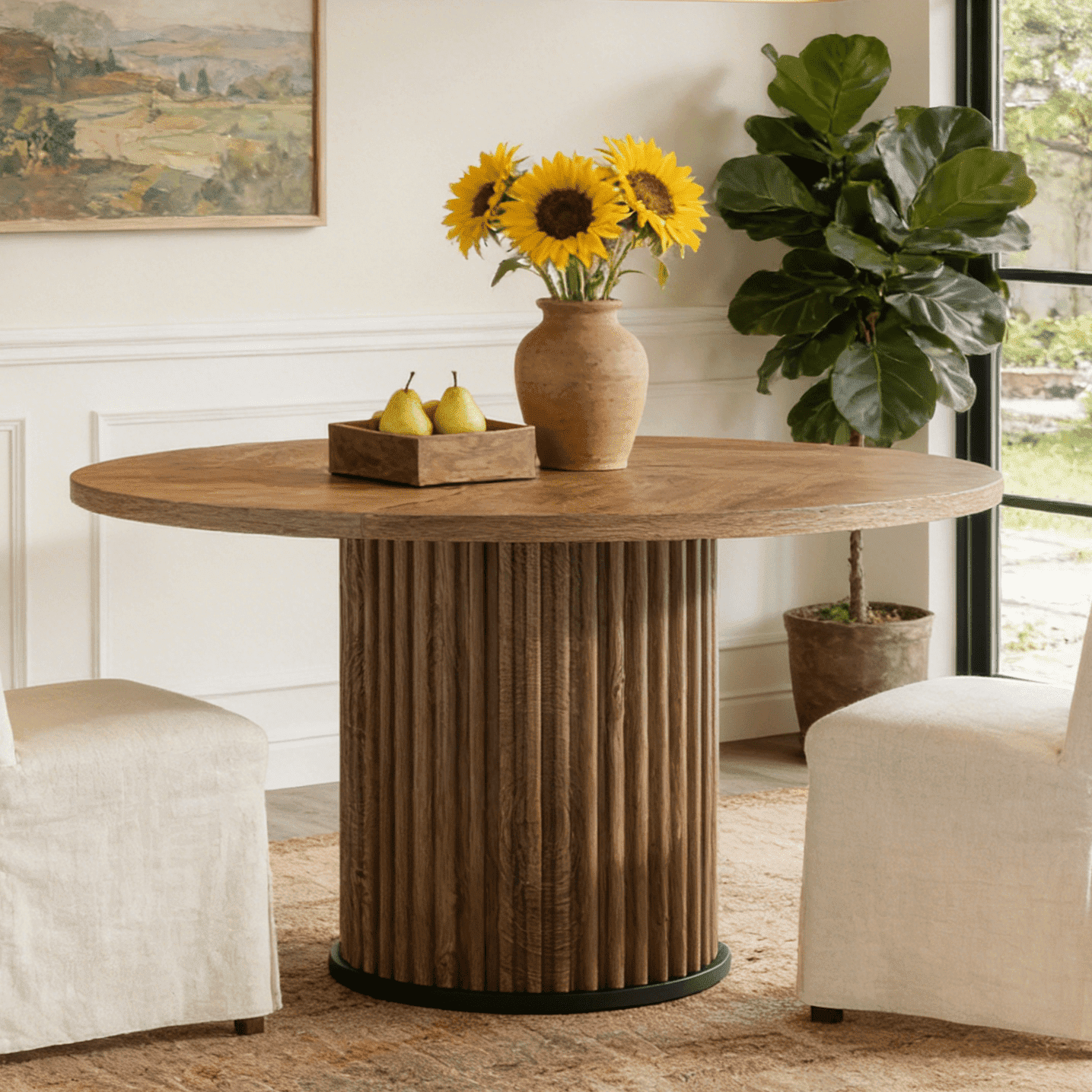 Fnova 47.24" Round Dining Table, Wood Coffee Table for 4 People, Modern Farmhouse Kitchen Table for Dining Room (Chairs Not Included)