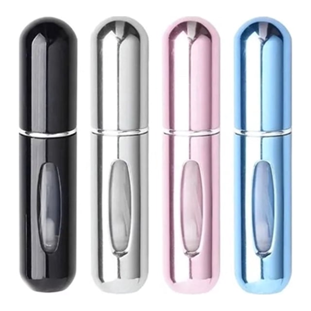 Atomizador de perfume portátil recargable de 5 ml, 4 unidades, para viaje, rosa, azul, negro y plateado.