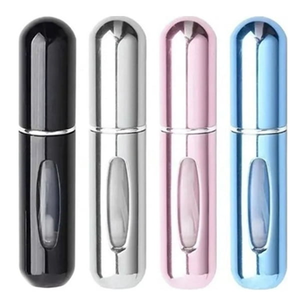 Atomizador de perfume portátil recargable de 5 ml, 4 unidades, para viaje, rosa, azul, negro y plateado.