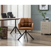 Guyou Modern Swivel Office Chair No Wheels, PU Leather Upholstered Desk Chair Armchair with Black Metal Legs for Living Room Bedroom Home Office, Brown