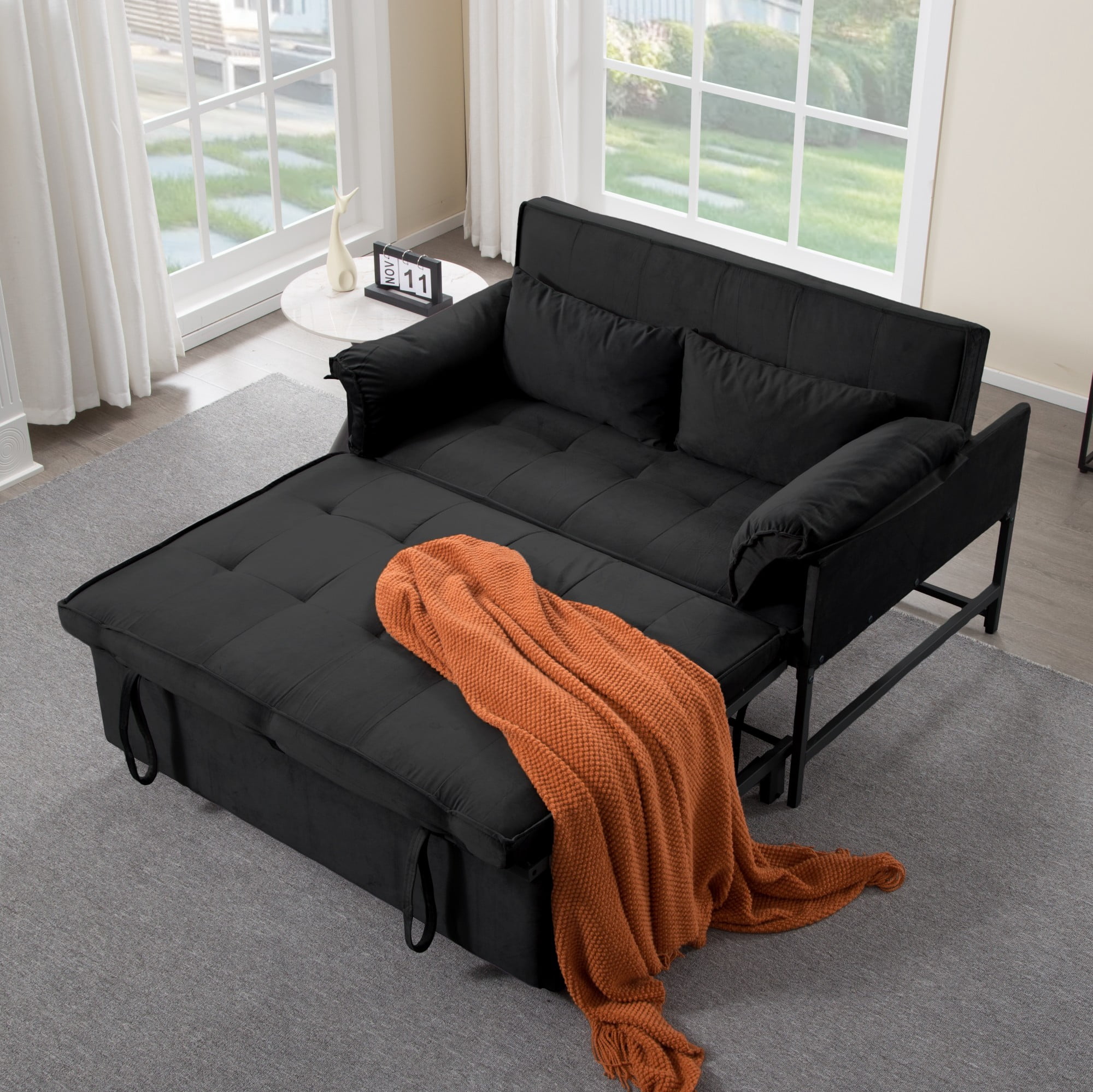 AENKYO 46" Velvet Pull-out Sleeper Sofa Bed, Convertible Reclining Loveseat with 2 Pillows for Small Spaces, Black