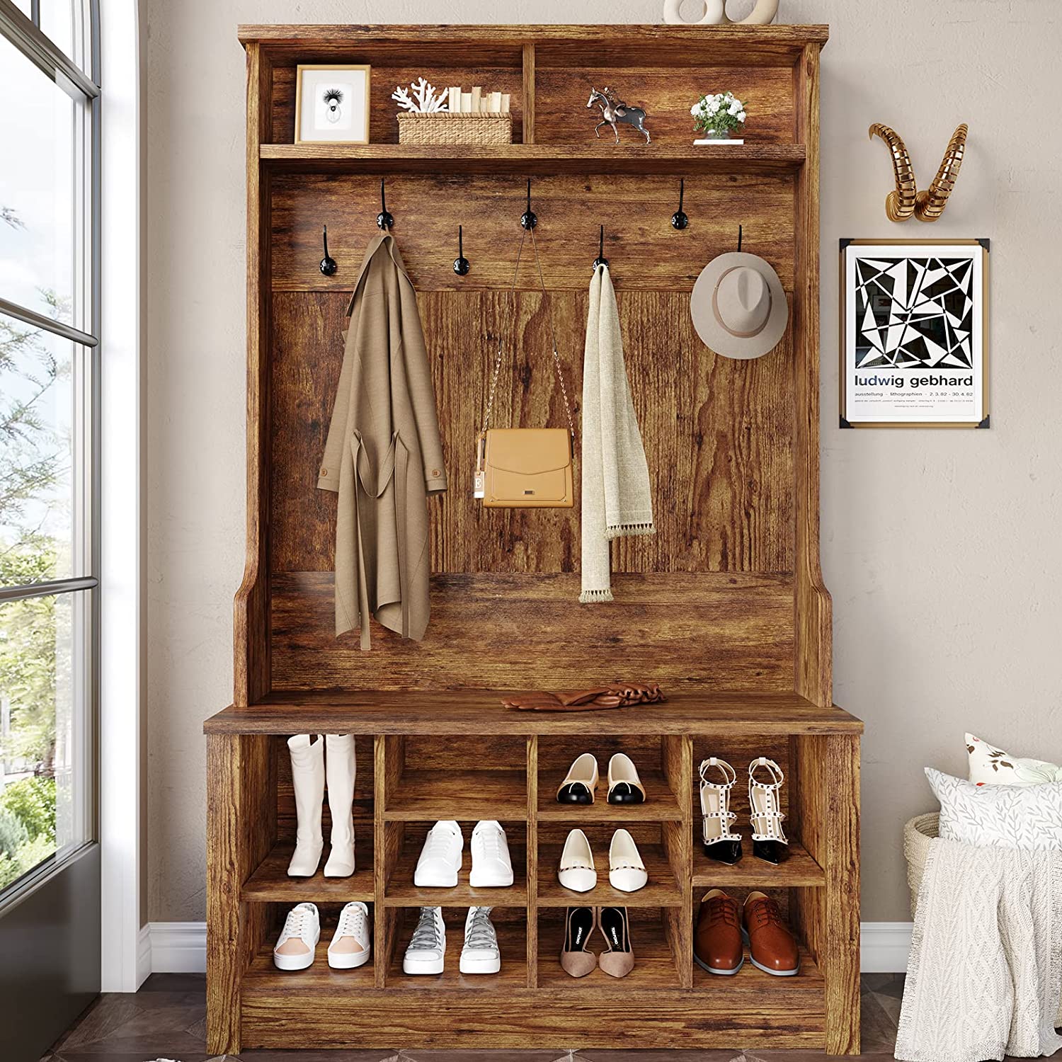 Coat Rack Shoe Rack Entryway Hall Trees Hanging and Storage - Tanziilaat