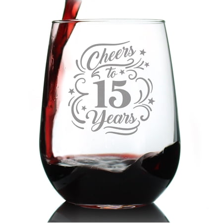 Bevvee Stemless Wine Glass 17 oz Cheers 15 Years Gifts for a 15th Wedding Anniversary Wine Glasses