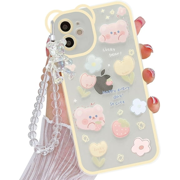 Compatible with iPhone 11 Case Cute Cartoon Floral Bear with Transparent Bear Bracelet Chain Design for Women Girls Kawaii Slim Soft TPU Transparent case for iPhone 11 6.1 inch-Yellow