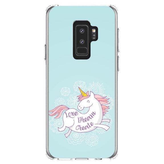 DistinctInk Clear Shockproof Hybrid Case for Samsung Galaxy S9  PLUS (6.2" Screen) - TPU Bumper, Acrylic Back, Tempered Glass Screen Protector - Flying Unicorn - Love / Dream / Create