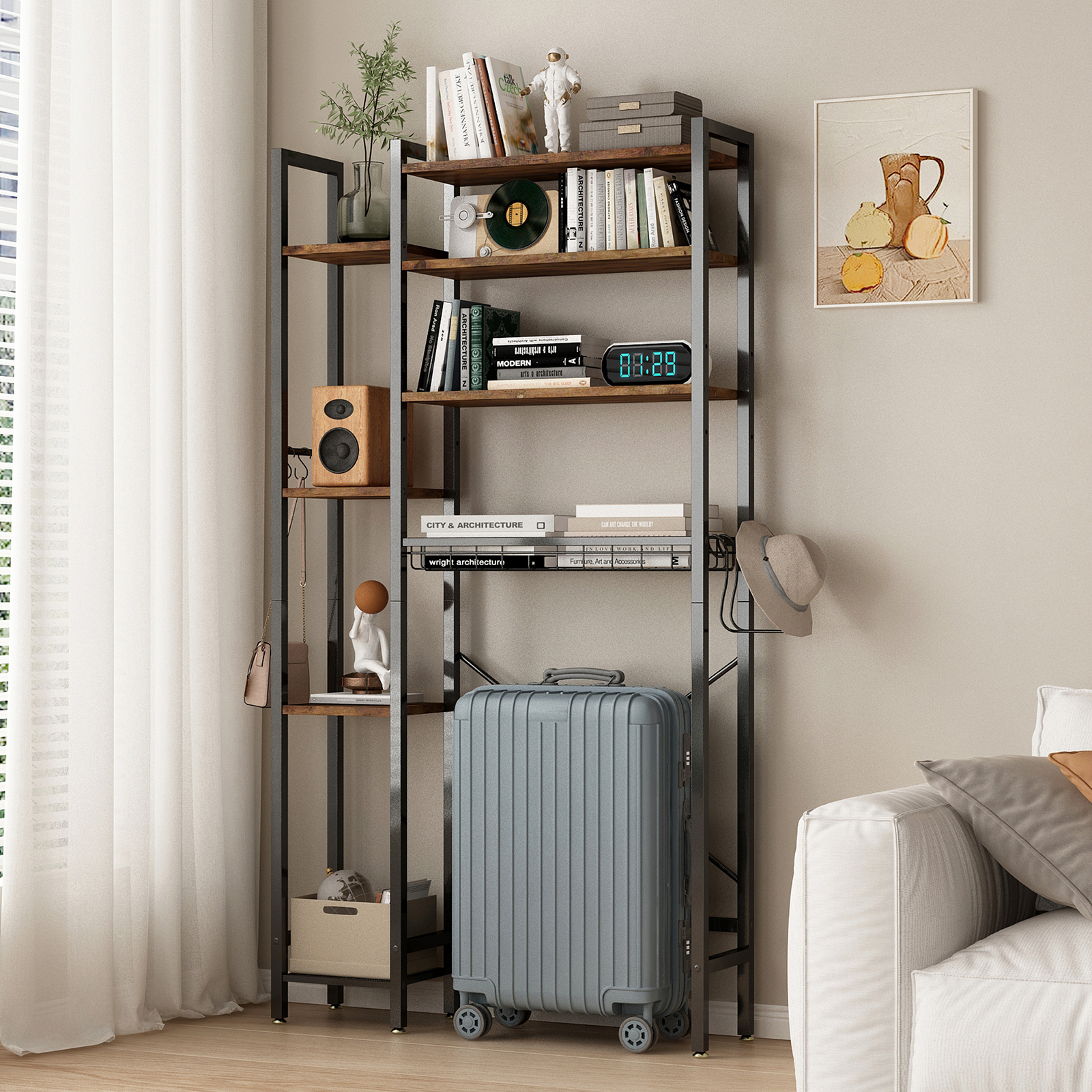 YIYADO 8-Tier Over The Toilet Storage with Side Rack, Over Toilet Storage Rack with Adjustable Shelf & Drain Basket, Freestanding Bathroom Organizer for Balcony, Laundry (Vintage Brown)