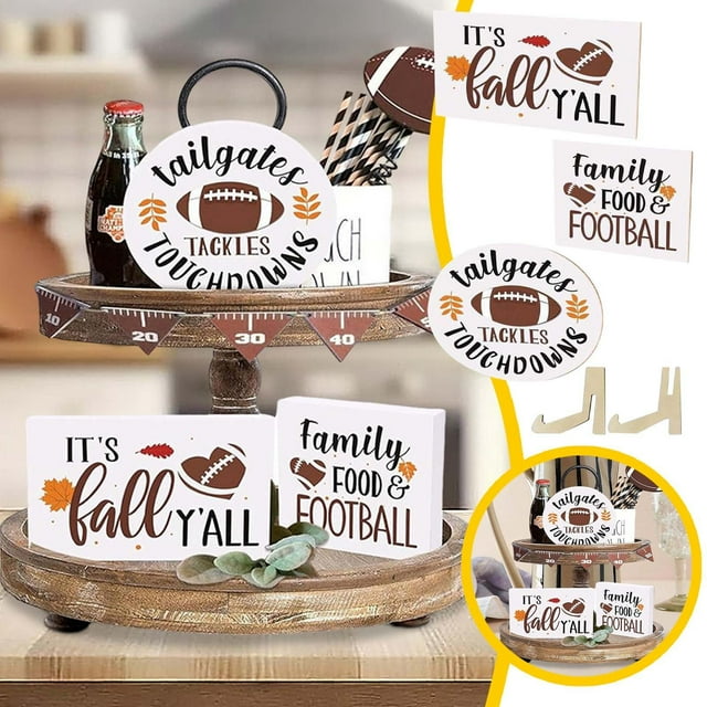 Football Tiered Tray Fall Is Coming Sign Farmhouse Football Tiered Tray Fall Themed Wooden Sign Set Thanksgiving Maple Fall Collection Cute Coffee Signs for Coffee Bar Tray Decorations for Dining Room