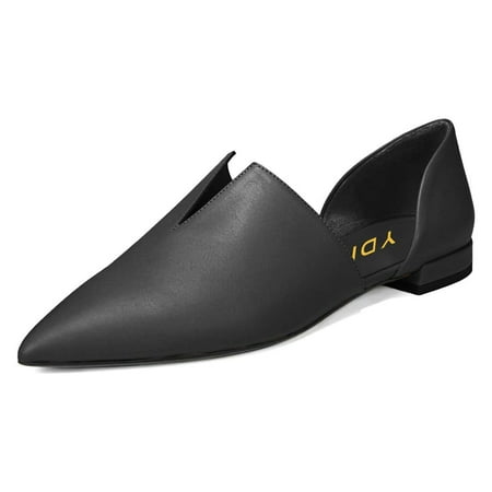 YDN Women Classic Pointed Closed Toe D Orsay Ballet Flats V Cut Chunky Low Heels Slip On Office Dress Loafer Casual Shoes Size 10.5 Black