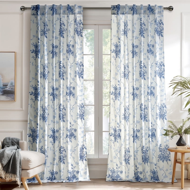 NICETOWN Floral Curtains for Bedroom, Faux Belgian Linen Curtains Light Filtering Semi Sheer Linen Drapes Back Tab Privacy Protection Window Treatments, Blue, 52"x84", 2 Panels