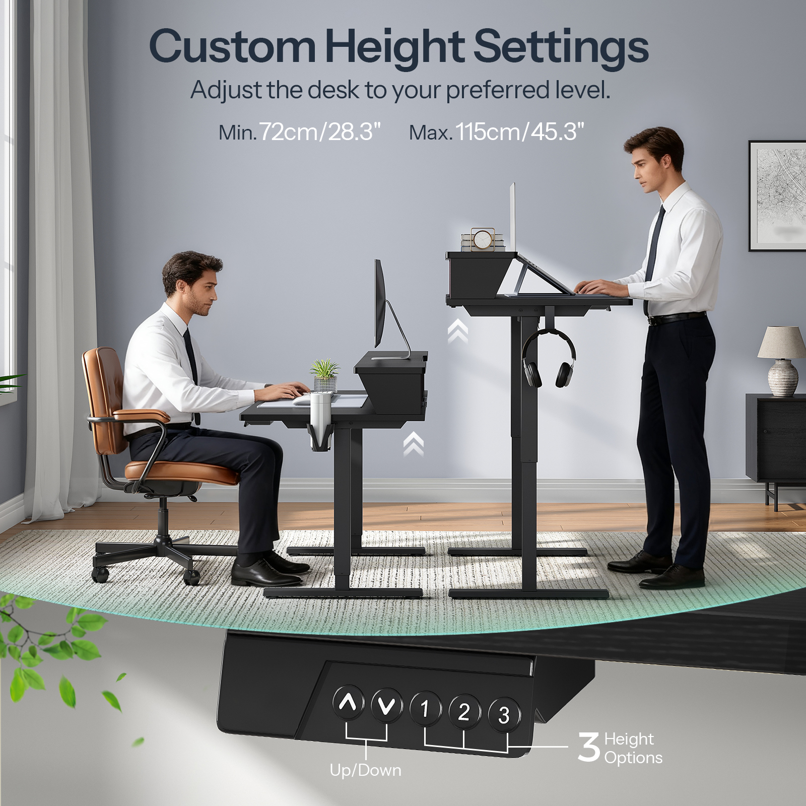 Adjustable Standing Desk with Charging Station - 3 Memory Presets Monitor Shelf Black Gray