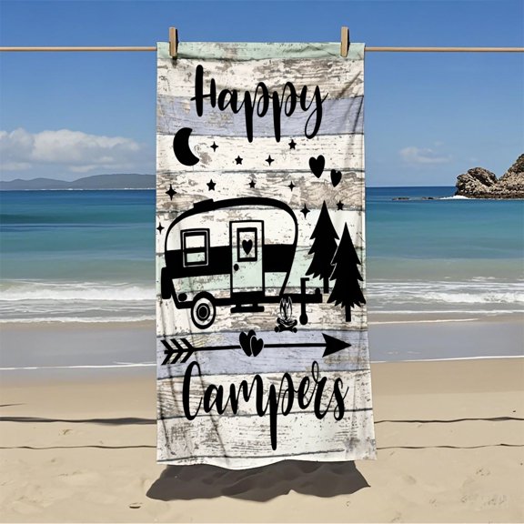 Retro camping style printed beach towel, super absorbent quick-drying seaside vacation towel