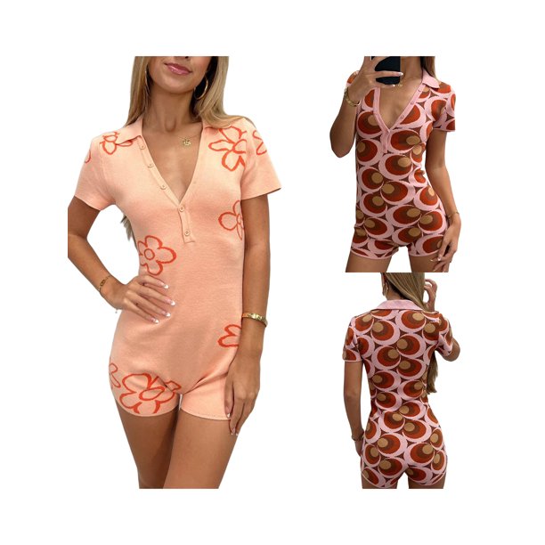 Txlixc, mono de una pieza para mujer, mono de punto a rayas colorido con gráfico, mono ajustado con cuello en V, manga corta, abotonada, verano Txlixc Estilo de ocio