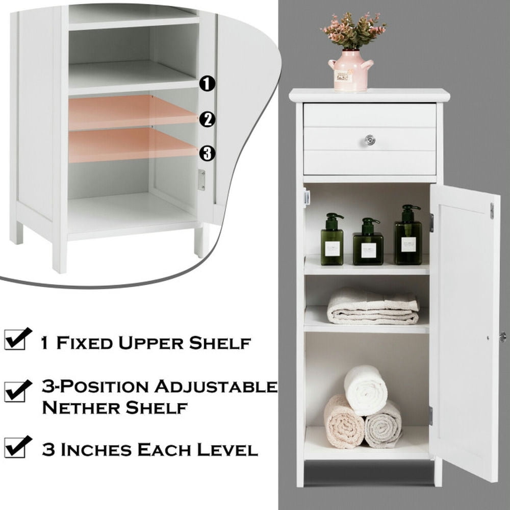 Finihen Bathroom Storage Cabinet, Bathroom Floor Cabinet, Wooden Bathroom Floor Storage Cabinet with Drawer and Shelf, for Bathroom, Living Room, Bedroom, Kitchen, White