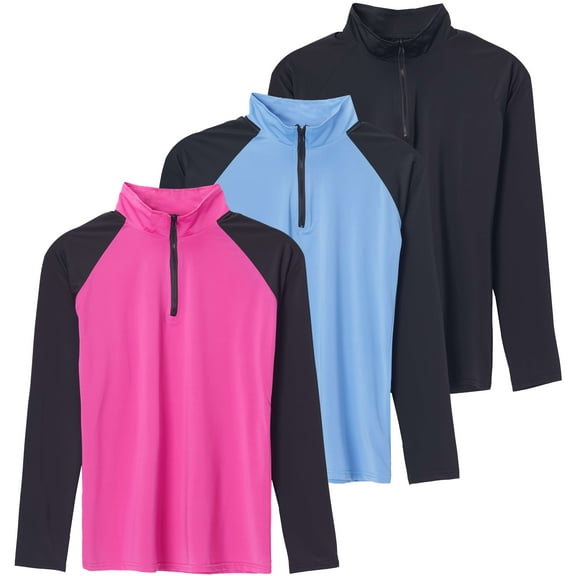 Real Essentials 3 Pack: Women's 1/4 Zip Rash Guard Long Sleeve Swim Shirt UPF Sun Protection UV Surf Tops