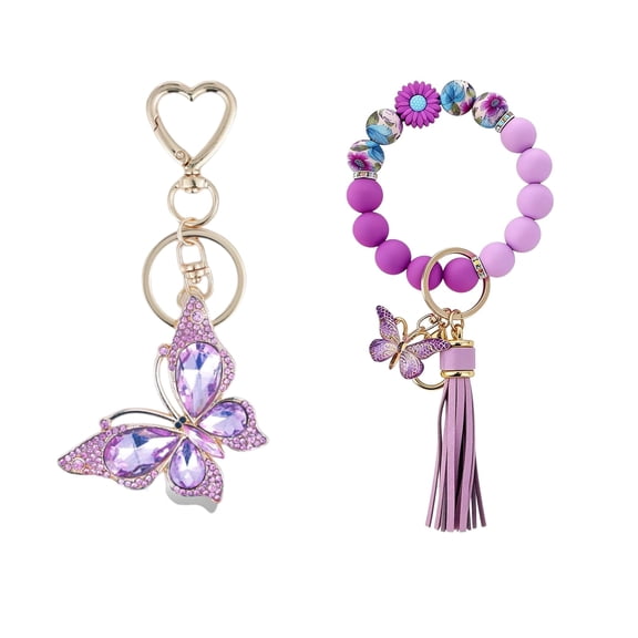 RUIFUU Butterfly Keychain Crystal Rhinestone Butterfly Pendant and Silicone Beaded Wristlet Car Key Ring Holder for Girl Women