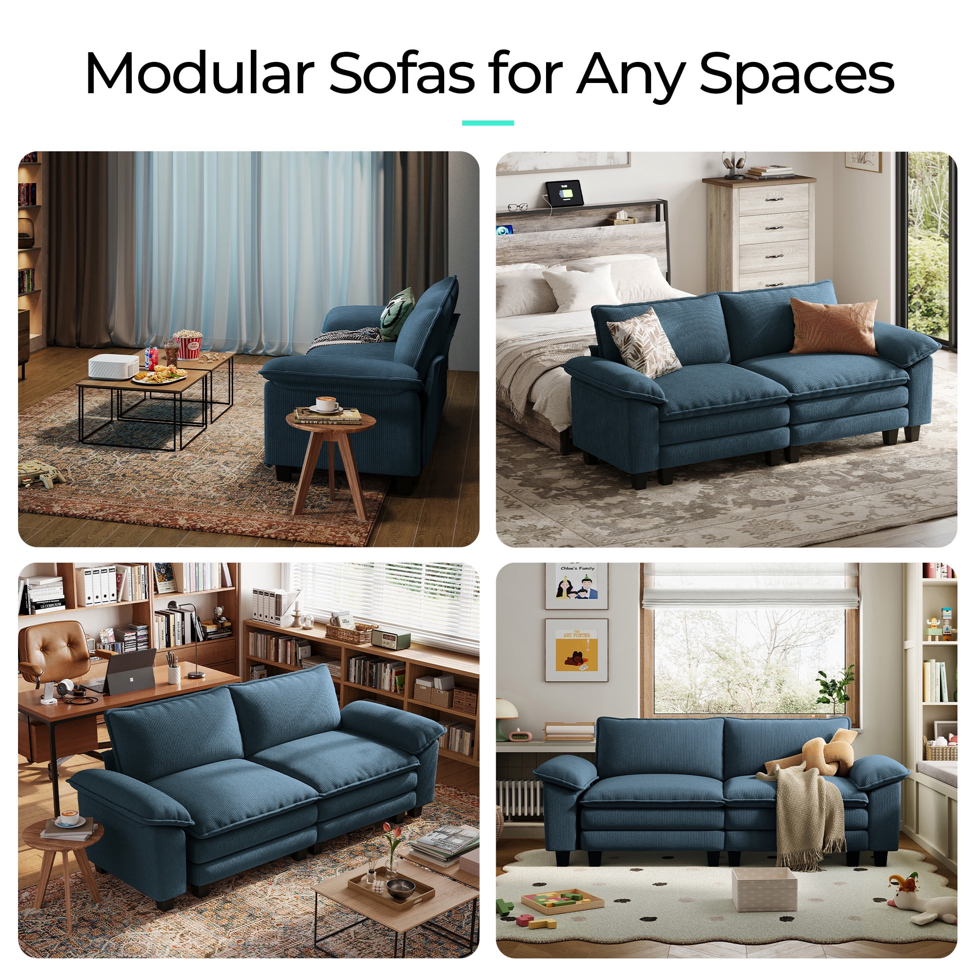 Linsy Home Oversized Corduroy 90" W Loveseat Sofa Couch for Living Room, Bedroom, Apartment and Office, Blue