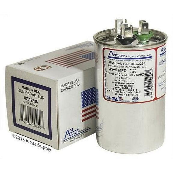 CAP050450440CT Replacement - 45   5 / Mfd 370 / 440 VAC  Round Dual Universal Capacitor , Made in the U.S.A.