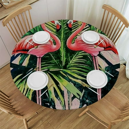 

Sheronv Flamingo Palm Tree Round Table Cover Stain Resistant and Washable Indoor Outdoor Kitchen Dining Wedding Parties 100% Polyester Waterproof Outdoor Fitted 31 -35