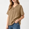 thumbnail image 3 of LEKWK Linen Tops for Women Short Sleeve Button V Neck Casual Shirts Lightweight Loose Fit Solid Summer Tops Fashion Beach Vacation Daily Outfits, 3 of 6