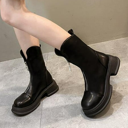 

Ankle Boots Women Ankle Boots Autumn And Winter Fashion Simple Solid Color Front Zipper Round Toe Comfortable Square Heel