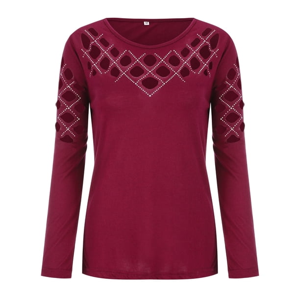 Gibobby Playera Térmica Ligera Tops de otoño-invierno Hollow Drill Top de mezcla de algodón de manga larga Tops de talla grande para mujer(Rojo, XL)