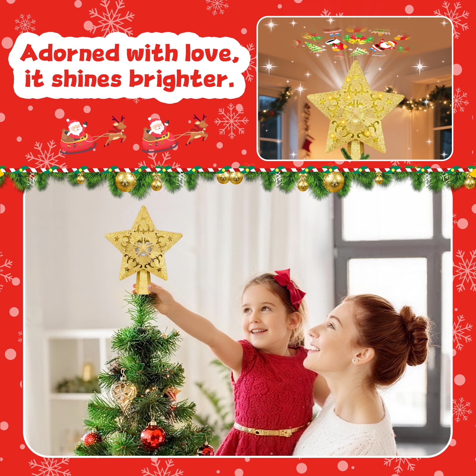 Christmas Star Tree Topper with Built-in Led Projector Lights Hollowed Pentagram Tree Topper, Christmas Decorations Light, Plug in Christmas Tree Ornament for Indoor Office New Year Holiday, Gold