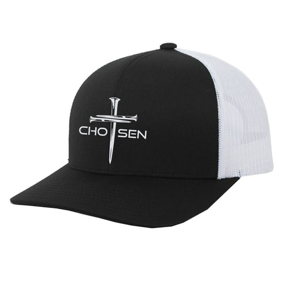 Trenz Shirt Company Christian Chosen Cross Embroidered Mens Adjustable Snapback Mesh Back Trucker Hat, Black/White