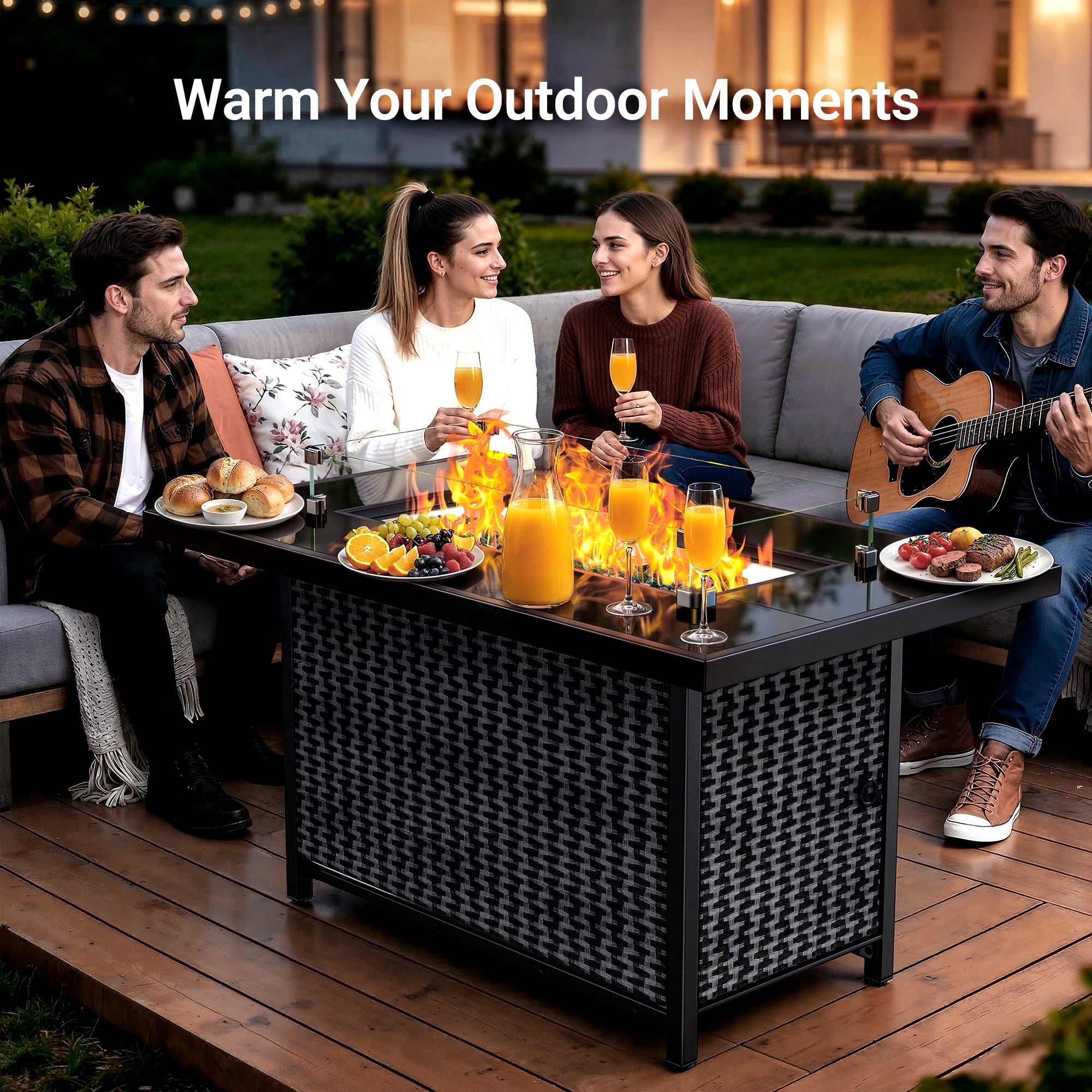 Philergo 43" Propane Fire Pit Table with Tempered Glass Tabletop, 60,000 BTU Rectangular Gas Fire Pit with Blue Glass Rocks, Wind Guard and Lid for Outdoor, Patio, CSA-Listed, Adjustable Feet Pad