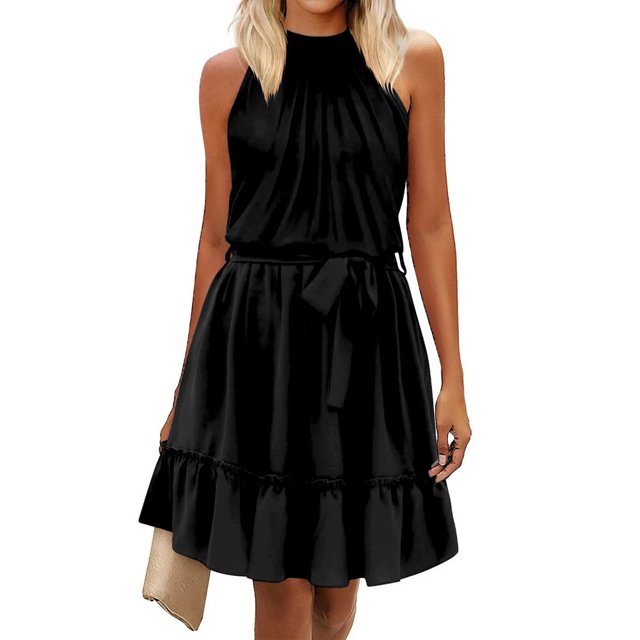 LYMAYTER Robe d'Été Mini à Col Halter Couleur Unie Sans Manches Ourlet à Volants Robes Courtes Superposées S-2TG