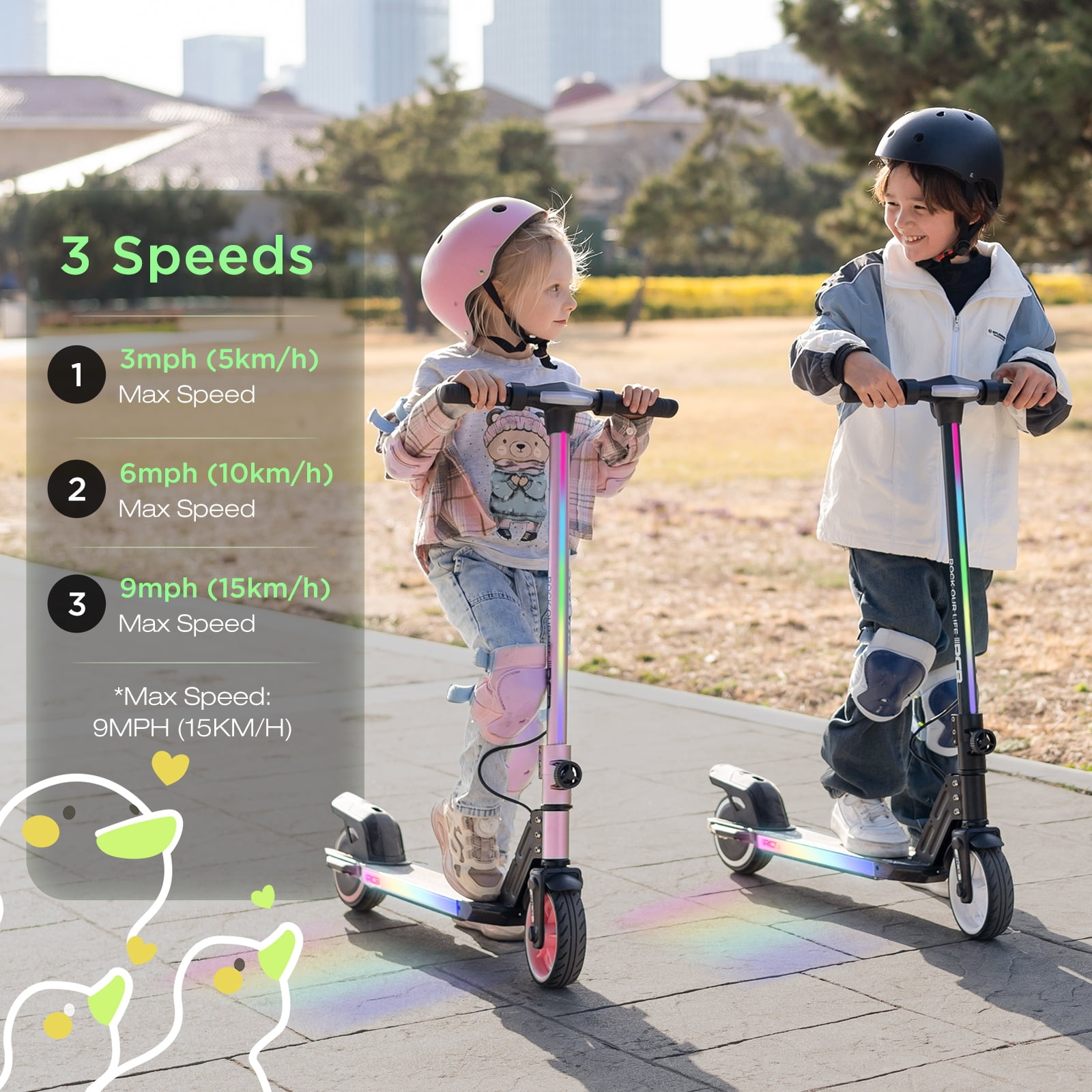 RCB Electric Scooter for Kids,Max Speed 9.3 mph,6.5 Miles Range,Rainbow LED Lights&Display,Foldable&Portable